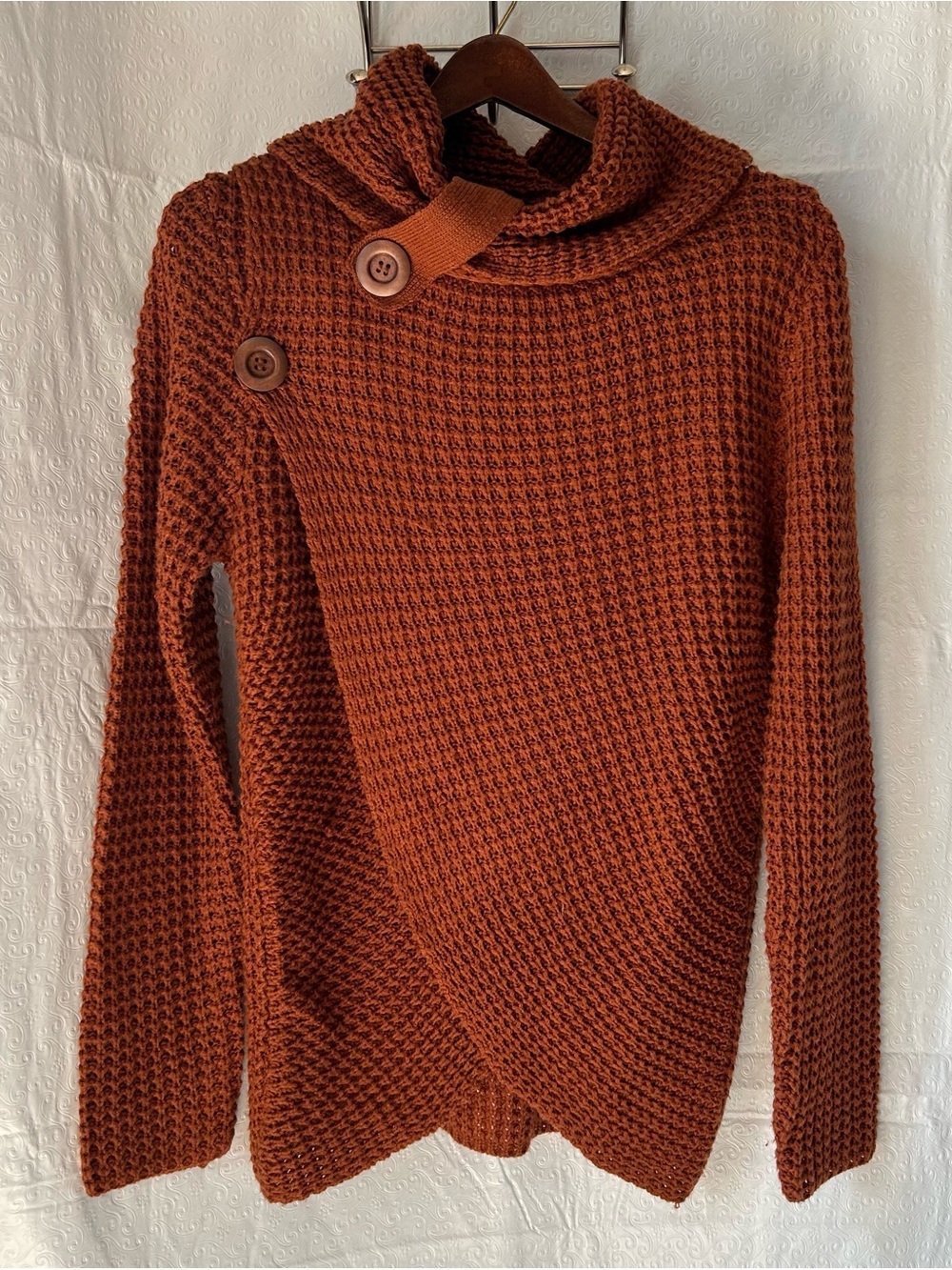 BLU PEPPER "Day to Day" Cozy Cowl Neck Wrap Sweater Waffle Knit Rust Size M